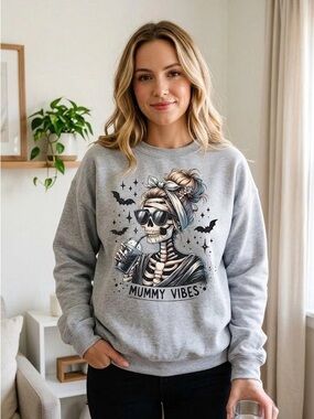 Mummy Vibes Halloween Sweatshirt Skeleton Messy Bun Fall Spooky Crew